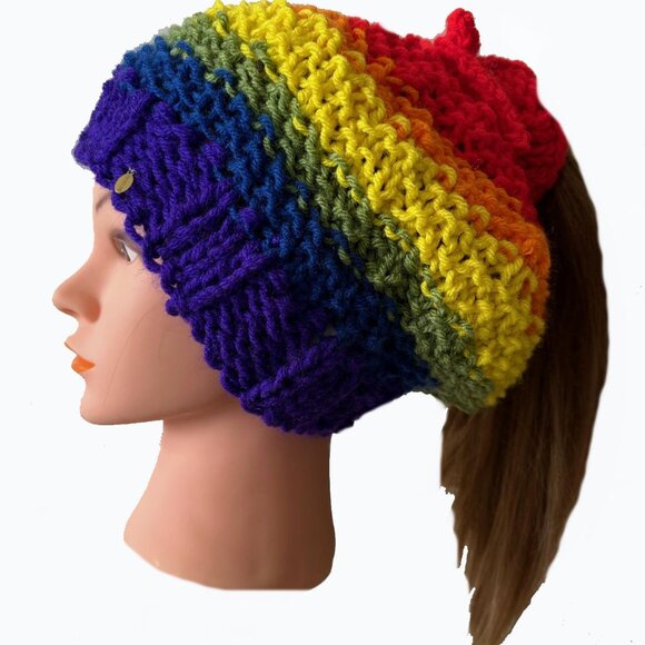 Gay Pride, LGBT Knit Ponytail Hat or Messy Bun Hat, Hair Sleeve and Earmuff Pads - Picture 2 of 5